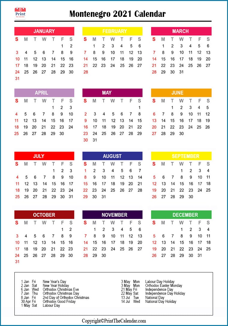 Montenegro Printable Calendar 2021